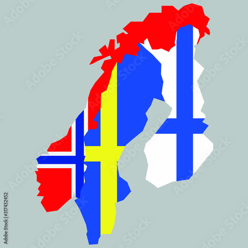 Map with flags over Nordic countries Sweden, Norway and Finland.