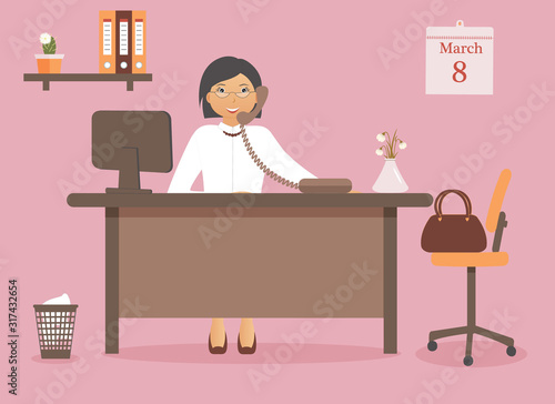 Cute woman in the office at the table on international women day on March 8.Vase of spring flowers given to female clerk by her colleagues.She accepts congratulations over phone.Vector illustration