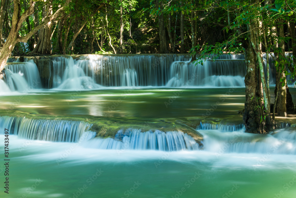 Very nice green waterfall for relaxation, Located Erawan waterfall Karnchanaburi province, Thailand