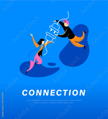 Connection abstract metaphor. People connecting plug and socket together. Secure internet connection, partnership, togetherness, communication concept. Vector flat illustration.