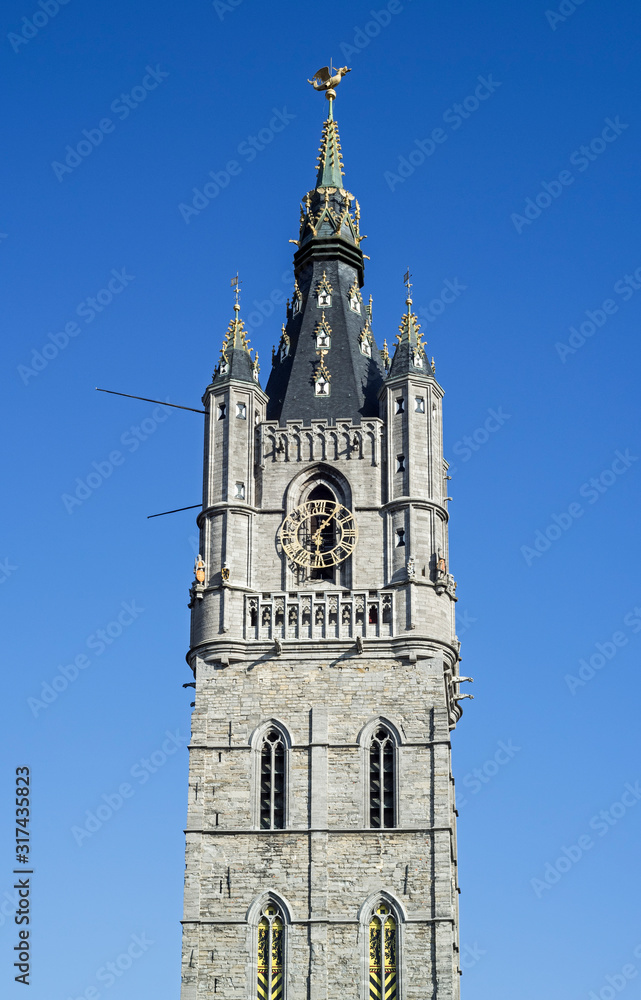 Belfry of Ghent, 91-metre-tall medieval tower which overlooks the old city centre of Ghent / Gent, East Flanders, Belgium