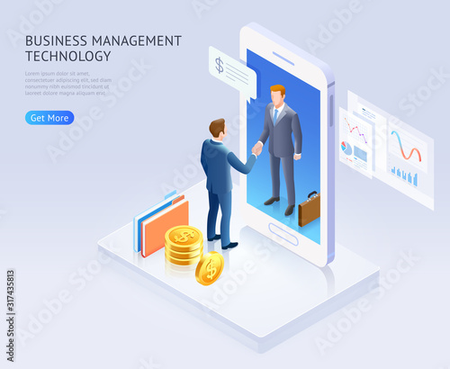 Business partnership conceptual design. Businessman handshake together on top mobile phone vector isometric illustrations background.