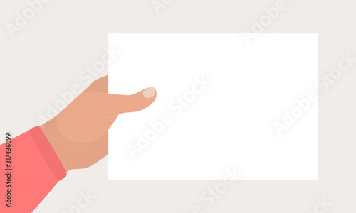 Hand in red shirt holds a rectangular blank sheet of paper. Hand holding template of letter, ticket, invitation, flyer, postcard, certificate, list.  Vector flat cartoon illustration.