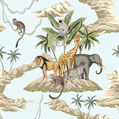 Sierkussen Tropische print patronen Vintage safari aap bananenboom bergen  © good_mood