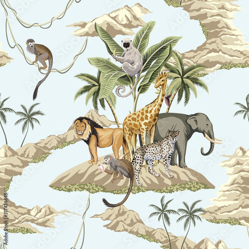 Vintage banana tree, palm tree, lion, monkey, indian elephant, giraffe animal, mountain floral seamless pattern white background. Exotic safari wallpaper.