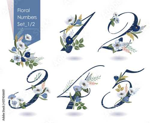 Vector illustration of floral numbers collection in spring. A set of beautiful flowers and numbers for wedding, invitations and birthday cards