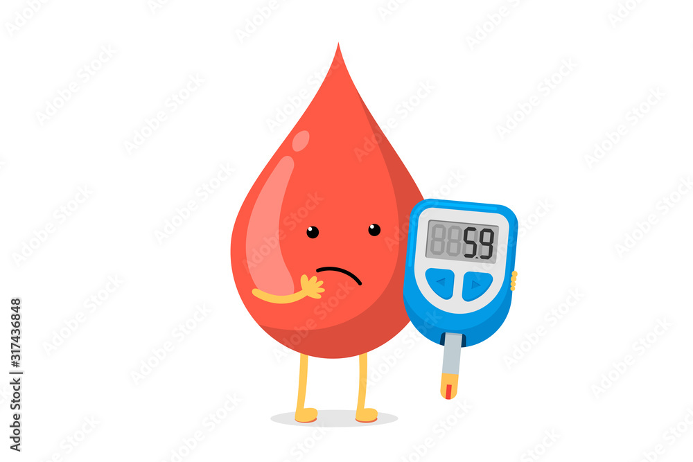 Cute cartoon doubt blood drop character with glucometer. Diabetic glucose measuring device with border indication sugar level. Vector high glucose diabetes risk flat illustration Cute cartoon doubt blood drop character with glucometer. Diabetic glucose measuring device with border indication sugar level. Vector high glucose diabetes risk flat illustration