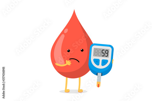 Cute cartoon doubt blood drop character with glucometer. Diabetic glucose measuring device with border indication sugar level. Vector high glucose diabetes risk flat illustration