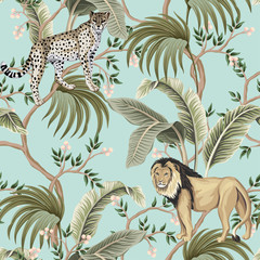 Sierkussen Tropische print patronen Vintage chinoiserie leeuw blauwe jungle  © good_mood