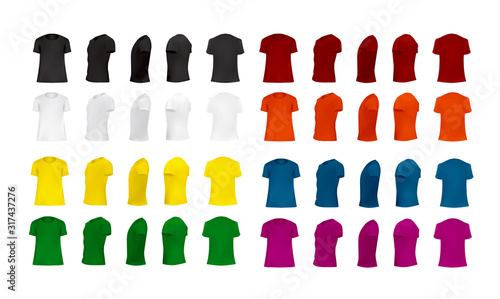 T-shirt template set of different colors, blank shirts front, side, perspective, rear views, different angles, vector eps10 illustration