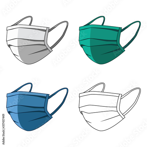 Medical mask. Protection against viruses and diseases transmitted by airborne droplets. 3 color masks and outlines in a simple flat style. Vector illustration for design and web isolated.