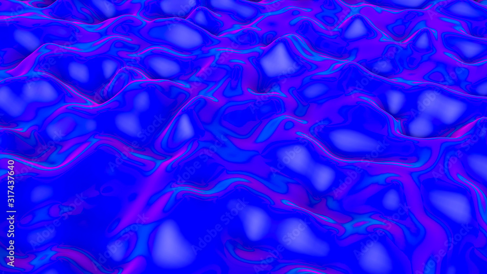 Blue wavy abstract background with neon reflections. 3d render illustration
