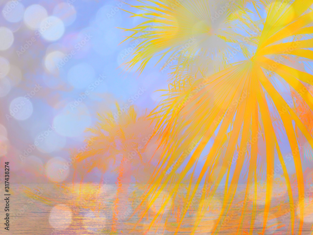 Abstract color background. Palm casting on a background of sea sunset.