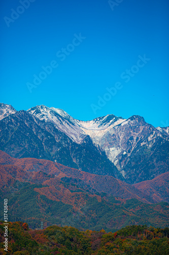 冠雪した中央アルプスの山脈と紅葉