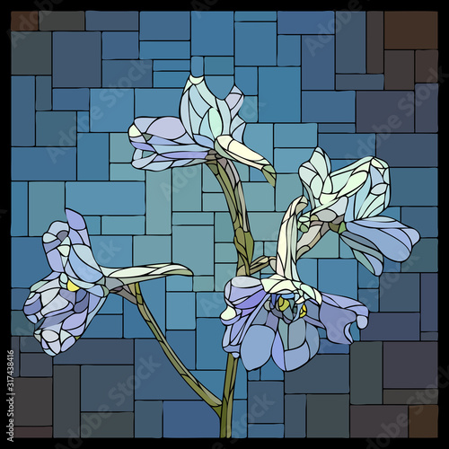 Vector stained glass window with blooming flowers of blue delphiniums.
