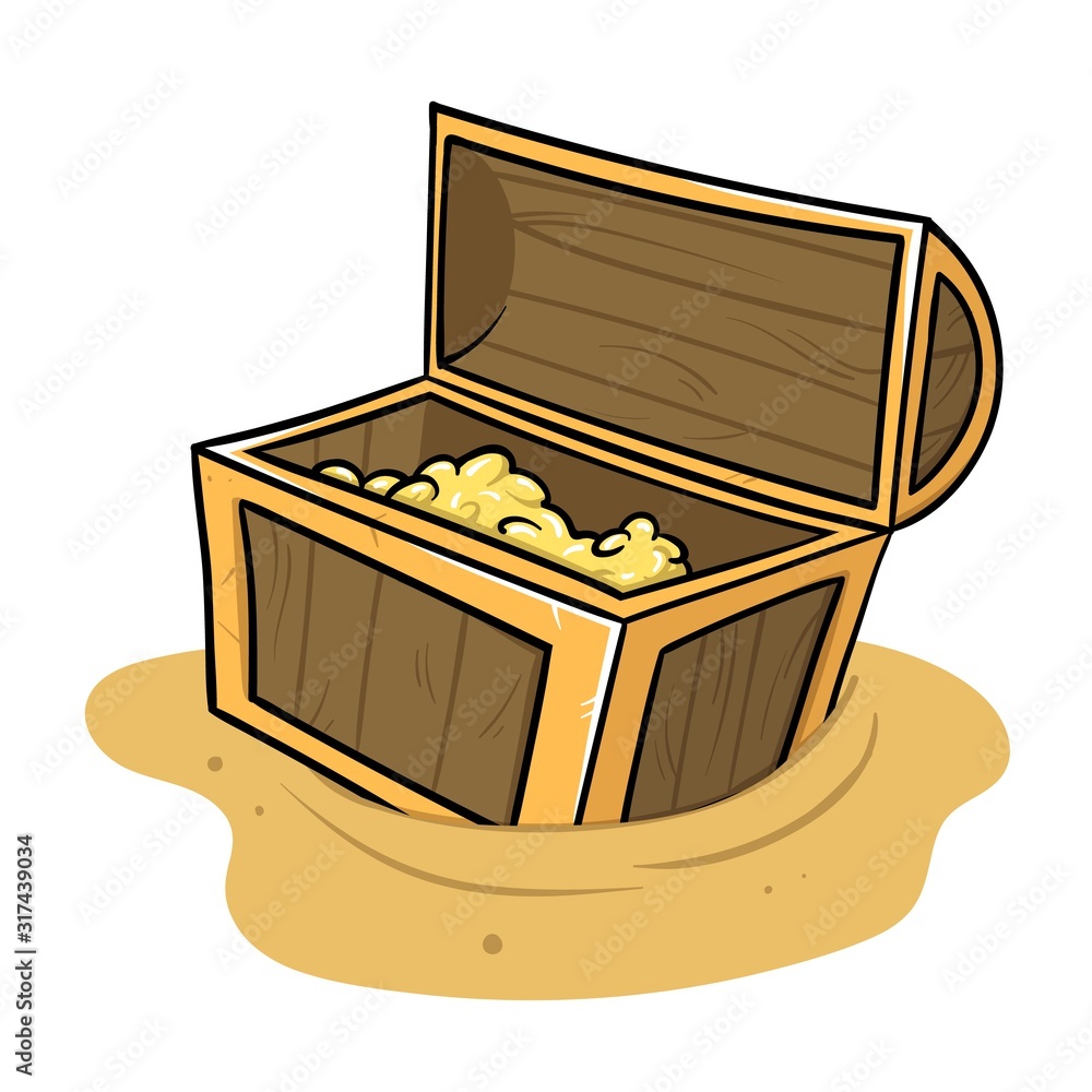 Open chest full of treasure standing on the sand. Archaeology and history. Flat vector illustration, isolated on white background. Open chest full of treasure standing on the sand. Archaeology and history. Flat vector illustration, isolated on white background.