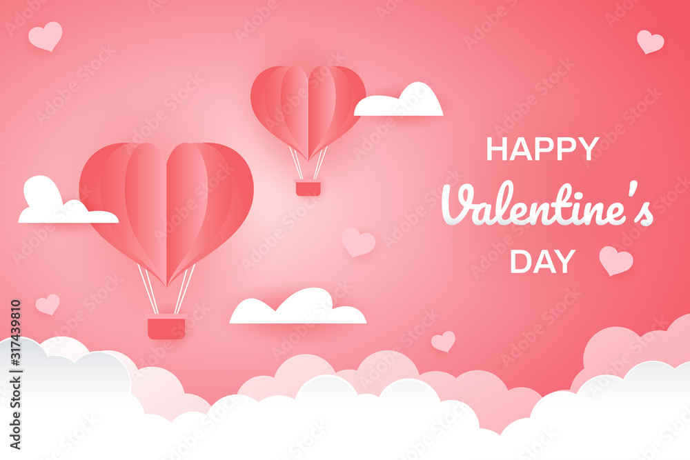 valentines day greetings card with balloons flying with clouds vector