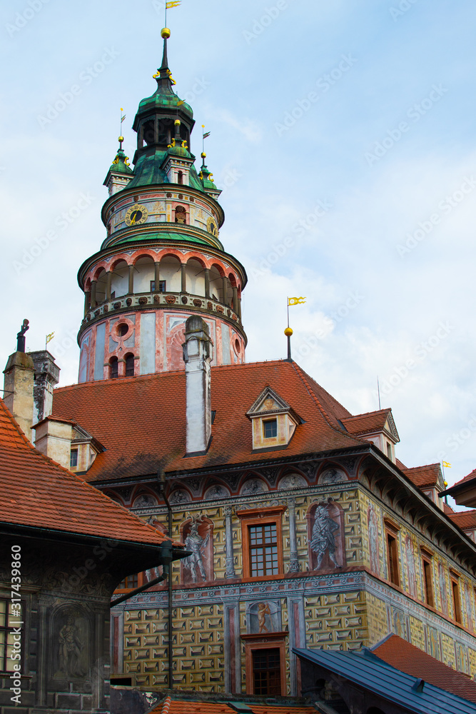 Vertical picture of the Castle Tower in State Castle, the most famous symbol of Cesky Krumlov, Czech Republic