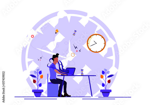 Businessman working late hours in the office with laptop, laptop pull him in. More work pressure. Vector illustration.