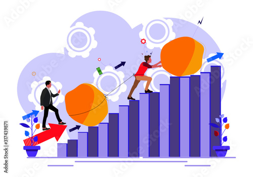 Young employee pushing heavy stone boulder up on graph another rock tied on his back. Manager watching the employee behind. Shows graph low to high. Vector Illustration.