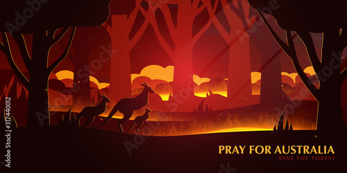 Australia Forest Fires background with Kangaroo. Pray for Australia. Natural disaster. Vector Illustration.