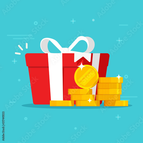 Gift box with money win present or cash happy present vector illustration flat cartoon, idea of online award or bonus achievement as giveaway isolated image