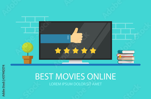 Online cinema review on tv or movie feedback experience rating vector illustration flat cartoon, concept of television film rate or evaluation technology, quality survey or ranking image
