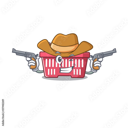 Shopping basket dressed as a Cowboy having guns