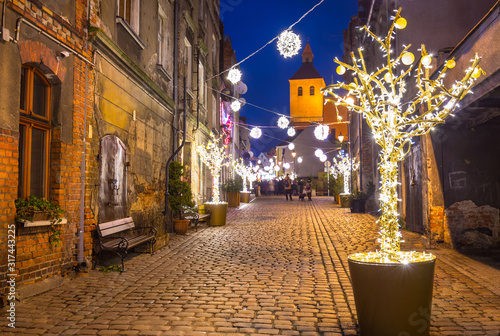 Beautiful christmas decorations on the street of Grudziadz, Poland