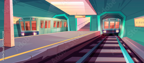 Metro station, arriving train to empty subway platform from underground tunnel. Vector cartoon illustration of subway interior with railway and public electric transport, platform and stairs