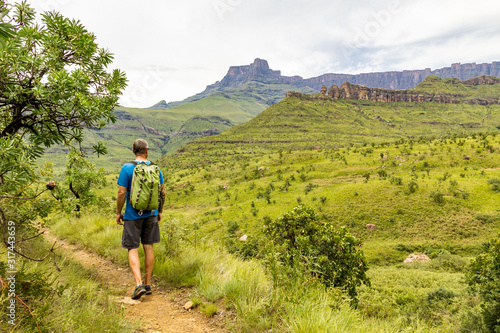 A hiking man enjoying the view to the Amphitheatre and to the rock formation Policeman's Helmet, Drakensberg mountains, Royal Natal National Park, South Africa
