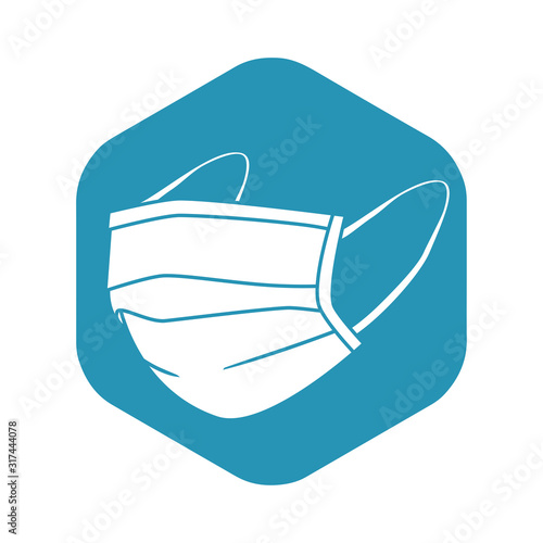 Medical mask icon. Protection against viruses, and diseases transmitted by airborne droplets. White mask on a blue hexagon in a simple style. Vector illustration for design and web, isolated.