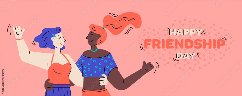 Friendship day banner with friend girls embracing, cartoon vector illustration.
