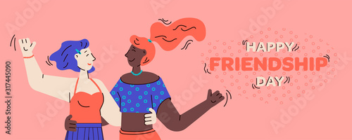 Friendship day banner with friend girls embracing, cartoon vector illustration.