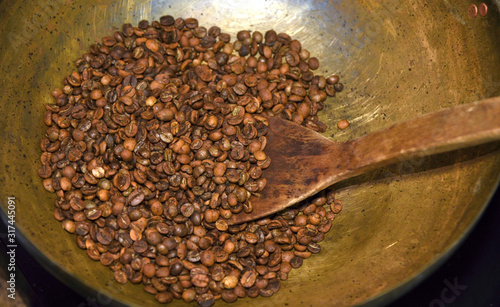 Coffee beans in roasting pan