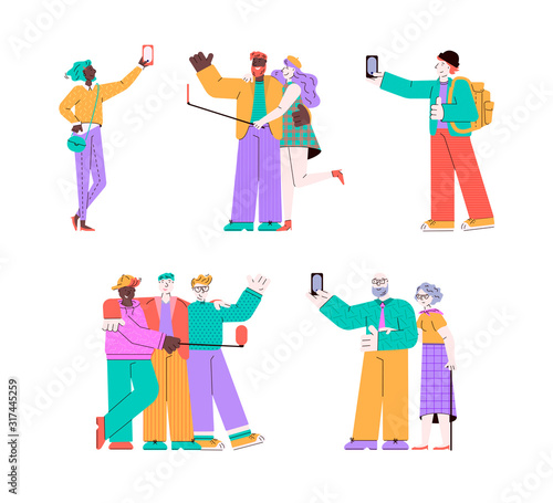 Cartoon people taking a selfie - isolated set of men in group hug, old and young couple