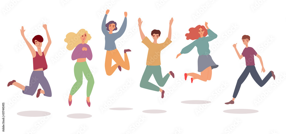 Happy jump set - cheerful young people jumping in air with happiness