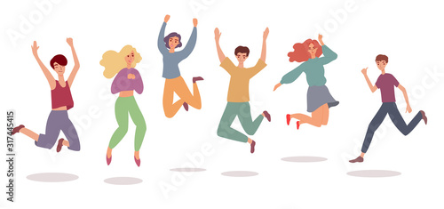 Happy jump set - cheerful young people jumping in air with happiness