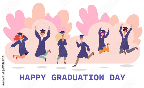 Students graduation day banner with people characters, flat vector illustration.