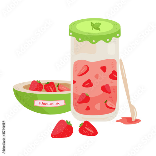 Vector illustration of jar of strawberry jam. Cute cartoon style. Fruit illustation.