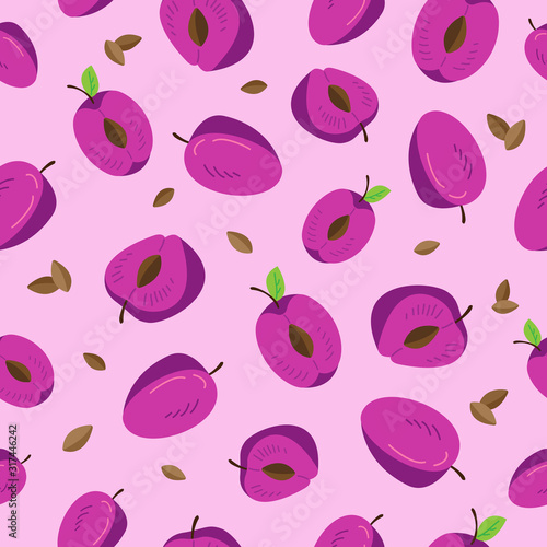 Plum pattern design. Plum background. Cute cartoon style background with different plums.