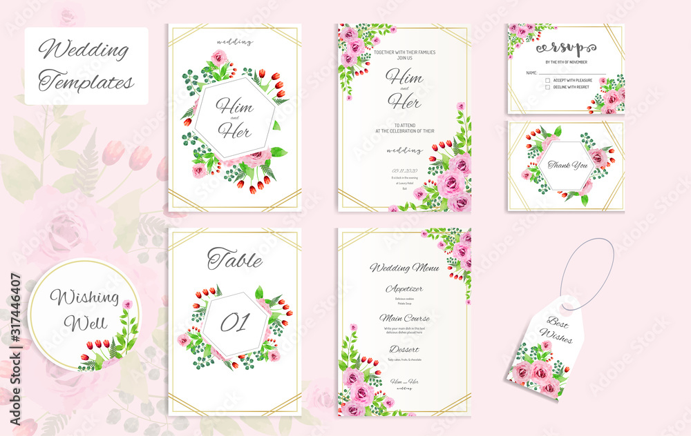 Elegant wedding invitation with watercolour flowers and green leaves design. Template set vector image.