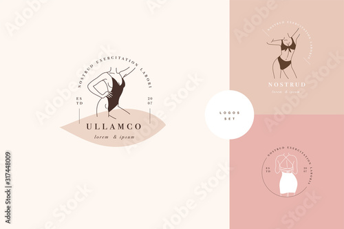 Vector design linear template logos or emblems - graceful faceless lady. Female logos for lingerie or clothes.