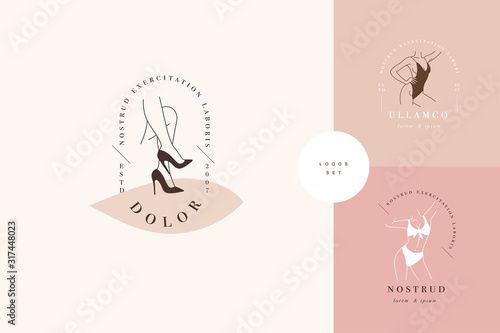 Vector design linear template logos or emblems - graceful faceless lady. Female logos for lingerie or clothes.