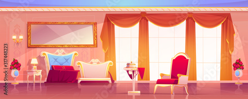 Palace room royal empty interior in classical empire style, luxury lounge apartments. comfortable castle chamber with retro furniture and floor-to-ceiling window background Cartoon vector illustration