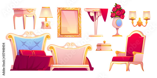 Furniture for royal bedroom. Luxury interior with gold decoration. Vector cartoon set of vintage bed with red pillows, mirror, armchair and nightstand isolated on white background
