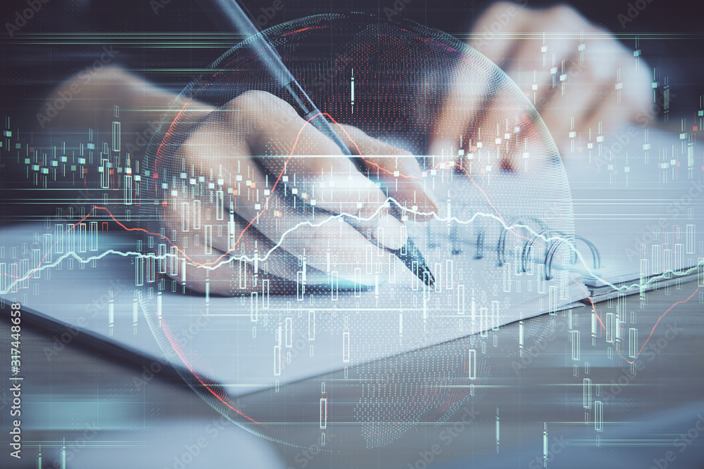 custom made wallpaper toronto digitalForex graph on hand taking notes background. Concept of research. Double exposure