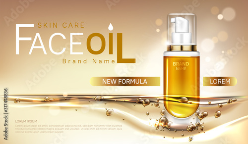 Face oil cosmetics bottle mock up banner, repair beauty skin care product pump tube with gold liquid on blurred background. Facial cosmetic package design, magazine ad Realistic 3d vector illustration