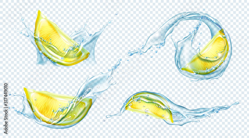 Lemon slices in water splash. Vector set of realistic fresh citrus pieces with clear juice or lemonade. Ripe summer fruits isolated on transparent background