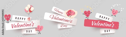 Valentines day paper cut banners, set stickers with funny characters animated hearts. Collection of advertising vector design for holiday promotions and discounts
